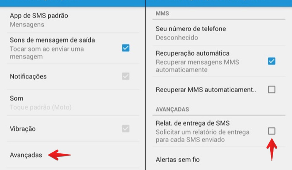 Print de tela com ativação de confirmação de leitura de sms