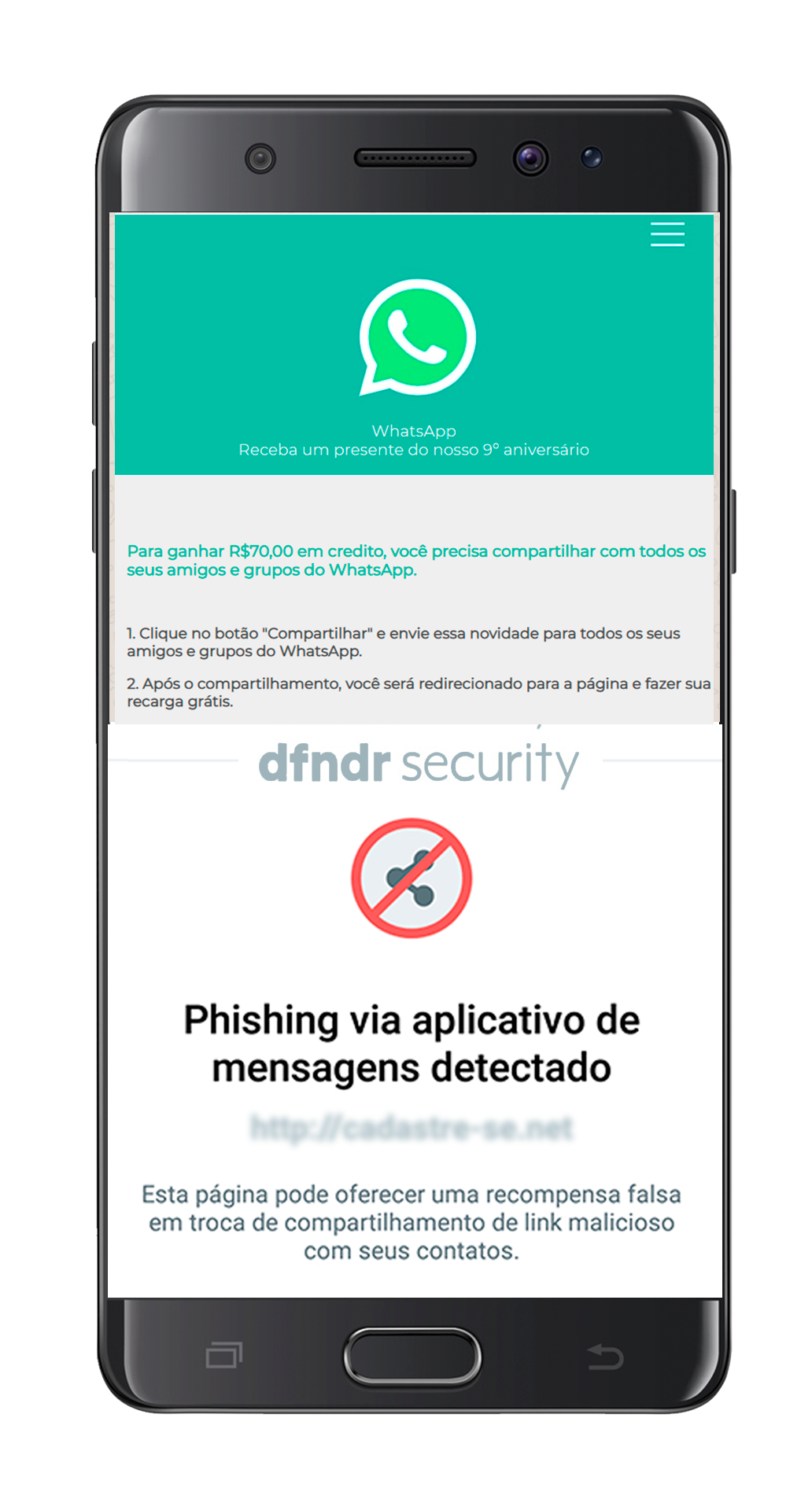 exemplo de detecção de phishing feita pelo dfndr security